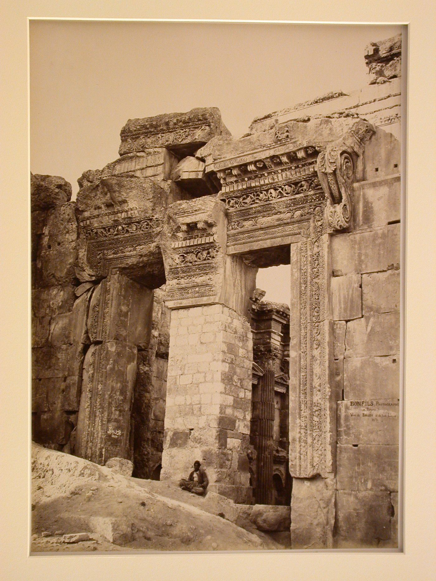 Temple of Bacchus, view of entrance, figure in foreground, Balabaakk, Lebanon