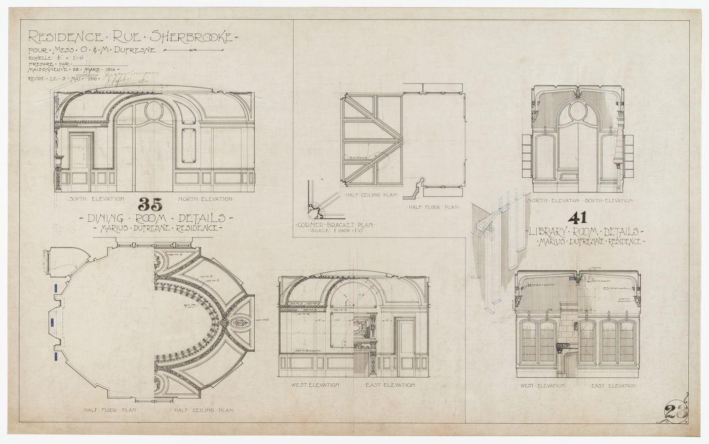 Résidence pour Oscar et Marius Dufresne, rue Sherbrooke, Montréal, Québec : plans, élévations et détails de la salle à manger et de la bibliothèque