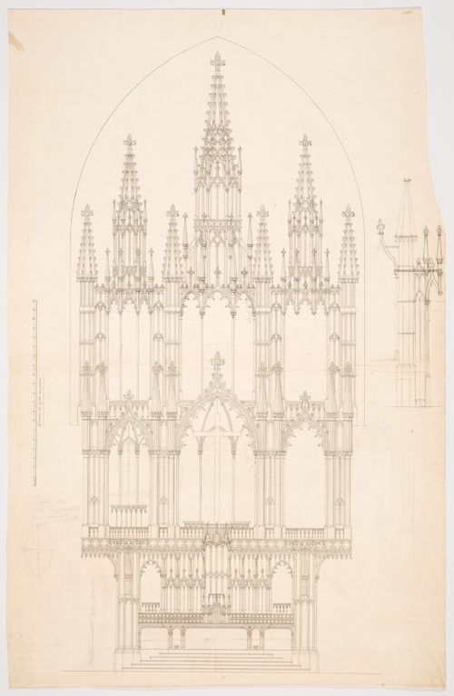Elevations and detail for the high altar for the interior design by Bourgeau et Leprohon for Notre-Dame de Montréal