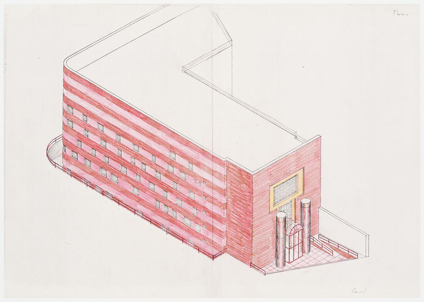 Arthur M. Sackler Museum, Cambridge, Massachusetts: axonometric sketch of facade
