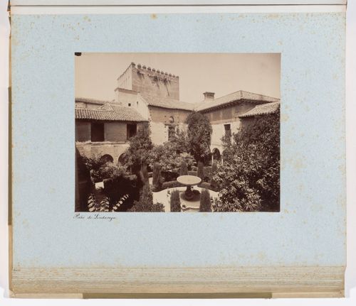 View of the Lindaraja courtyard and Comares tower from the Lindaraja lookout, Alhambra, Granada, Spain
