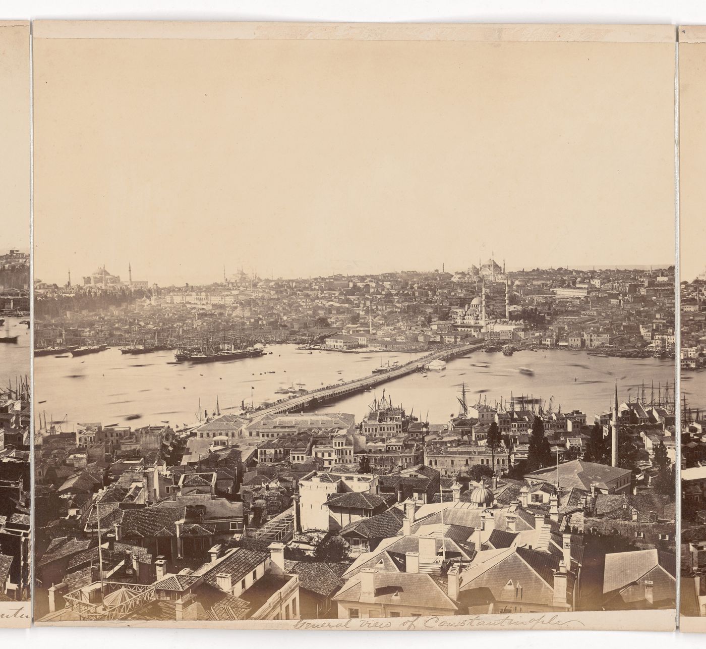 Partial view of Constantinople showing the Haliç (also known as the Golden Horn), the Galata Bridge, the Yeni Camii (also known as the Yeni Valide Camii and the New Mosque), the Nuruosmaniye Camii, Hagia Sophia (also now known as Ayasofya Müzesi) and the 