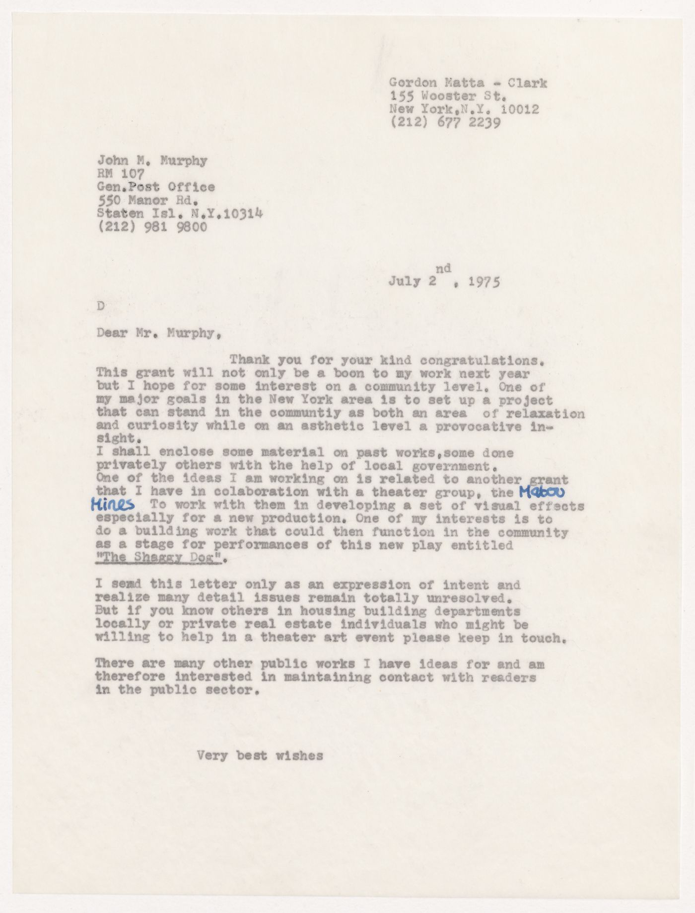 Letter from Gordon Matta-Clark to John M. Murphy
