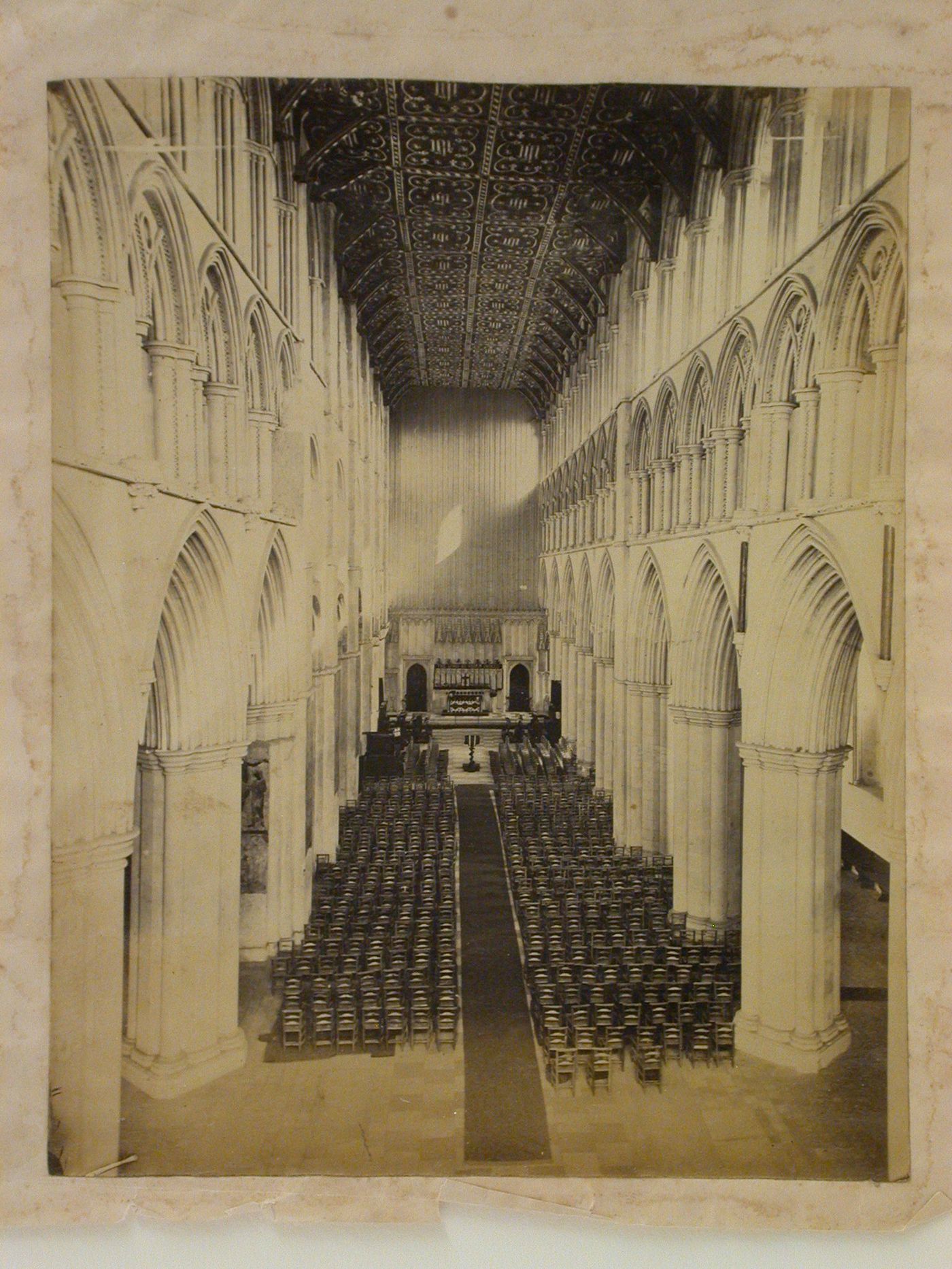 Interior view of the Cathedral of St. Albans looking through the nave towards the rood screen and showing the painted wooden ceiling, St. Albans, Hertfordshire, England