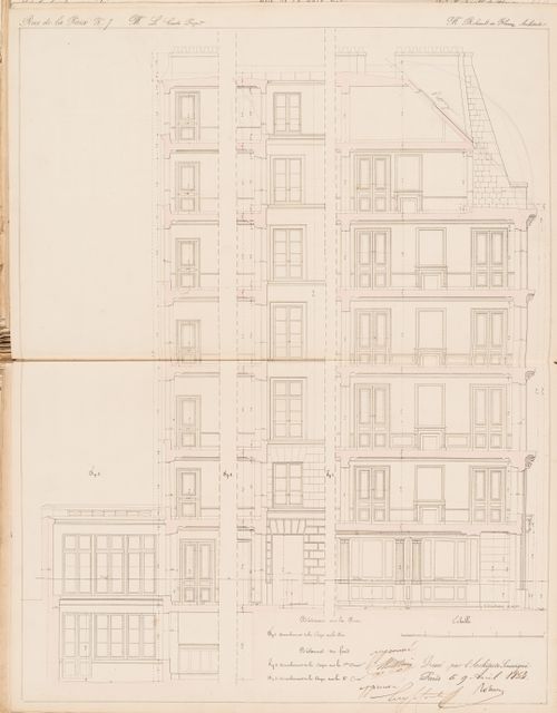 Contract drawing for the Hôtel du Timbre for Monsieur Le Comte, 7 rue de la Paix, Paris: Three partial longitudinal sections