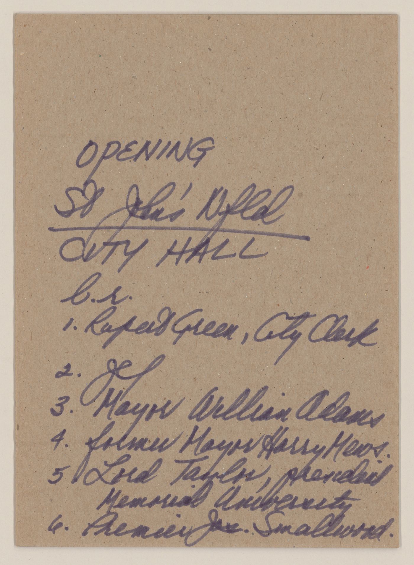 Note on speaking order for opening of St. John's City Hall, Newfoundland, Canada