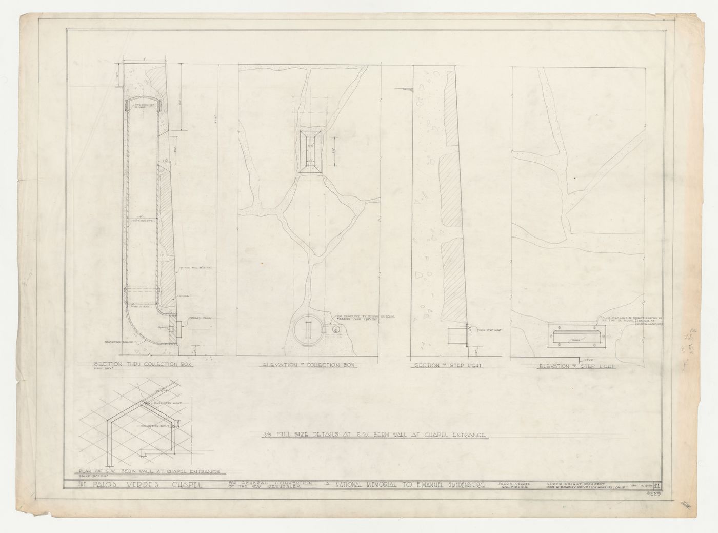 Wayfarers' Chapel, Palos Verdes, California: Plan, sections and elevations for southwest berm wall developed on an equilateral parallelogram grid, including collection box and step light