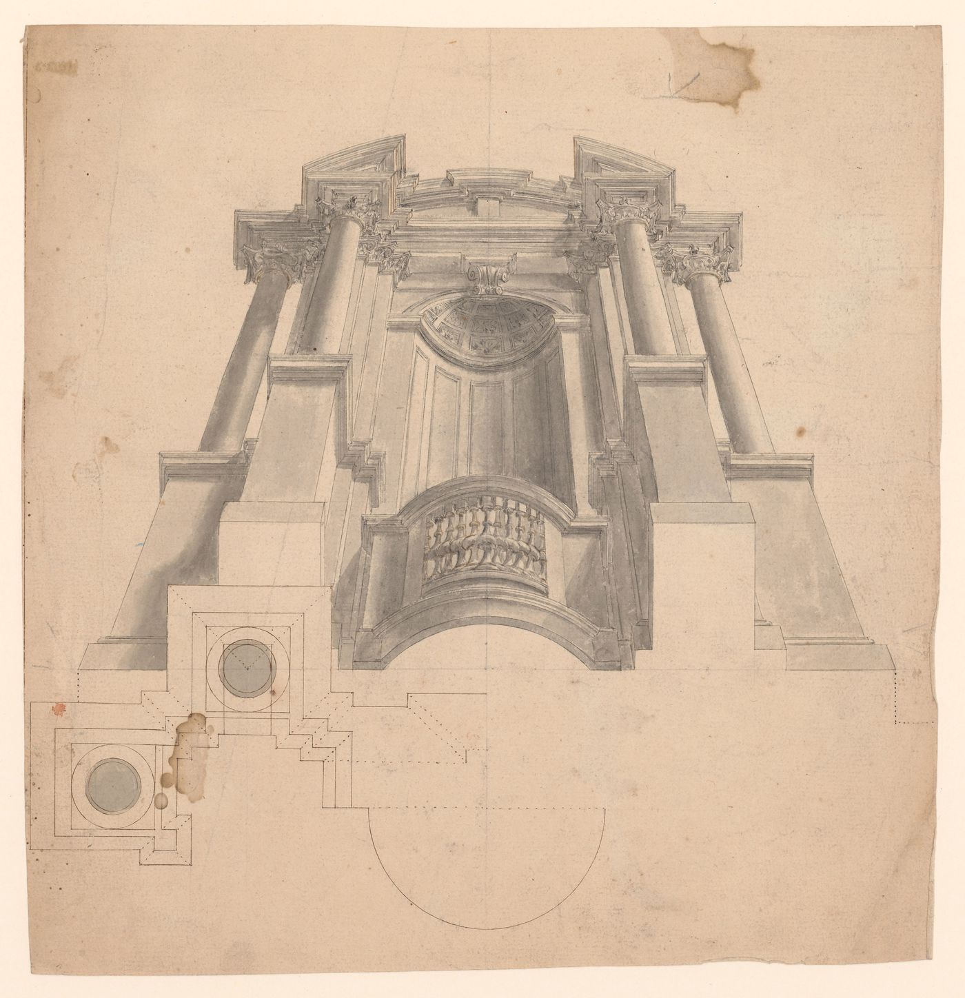 Half plan and worm's-eye perspective of a ceiling decoration showing a balustraded niche