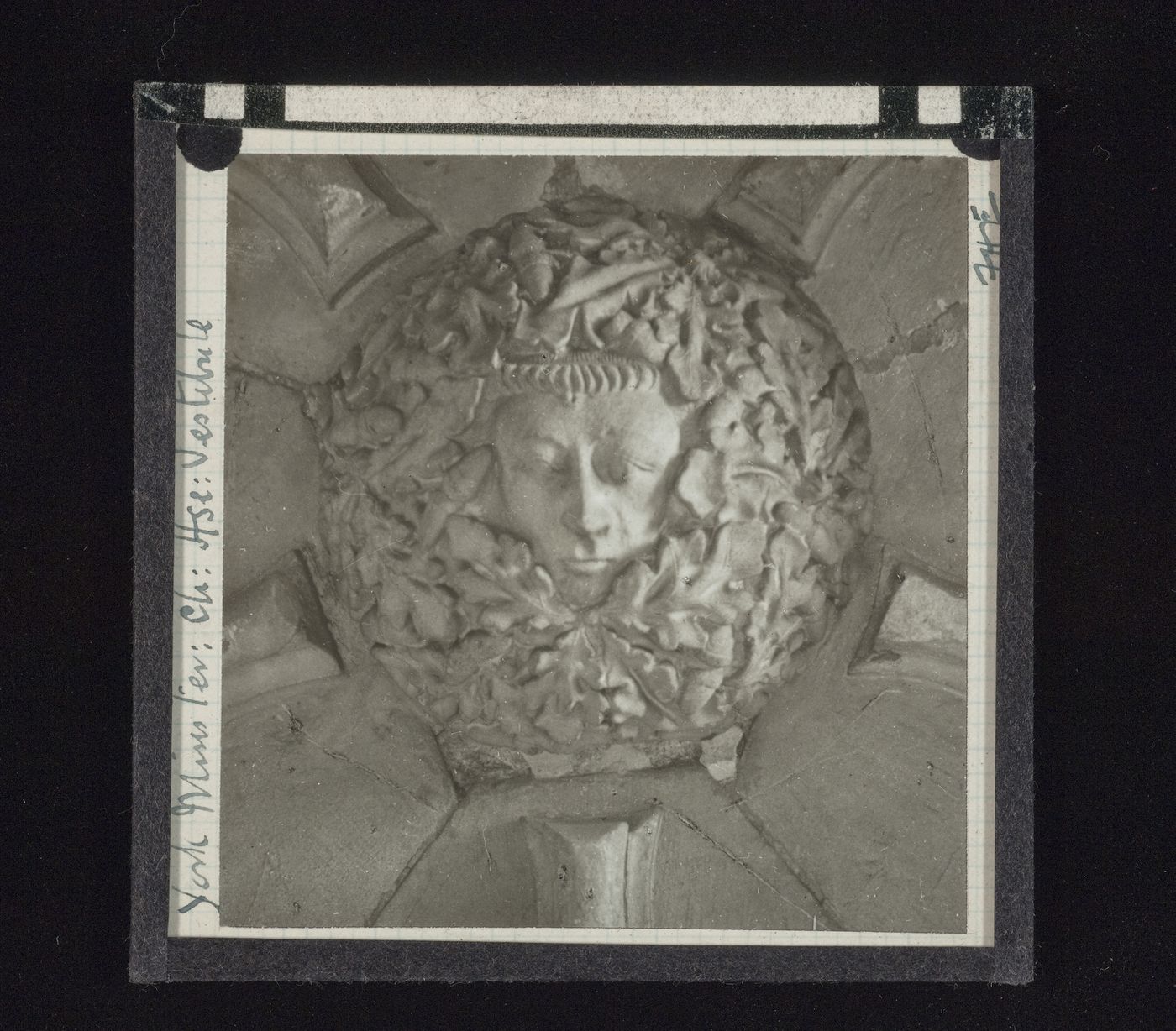 View of boss with foliate mask in vestibule of Chapter House of York Minster, York, North Yorkshire, England