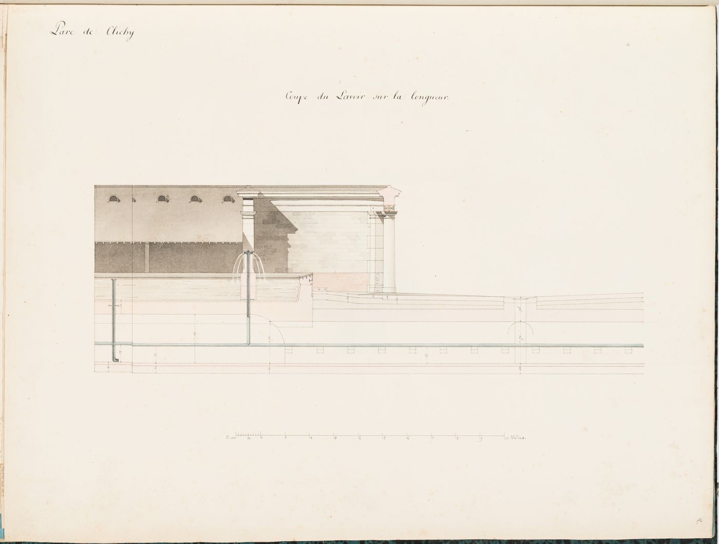 Partial longitudinal section for a washhouse showing its waterworks, Parc de Clichy