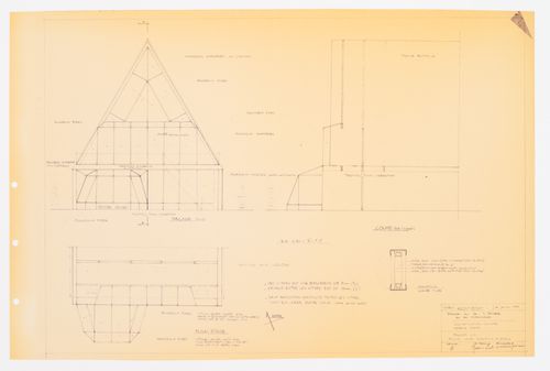 Climatisation solaire "système passif" : façade sud : façade, coupe, plan étage et détails, Maison du docteur Simon Richer, Nominingue, Québec, Canada