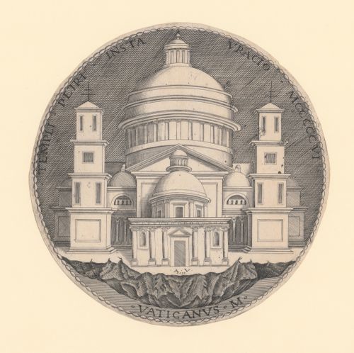 Print of Caradosso's medal showing Bramante's project for St. Peter's, Rome