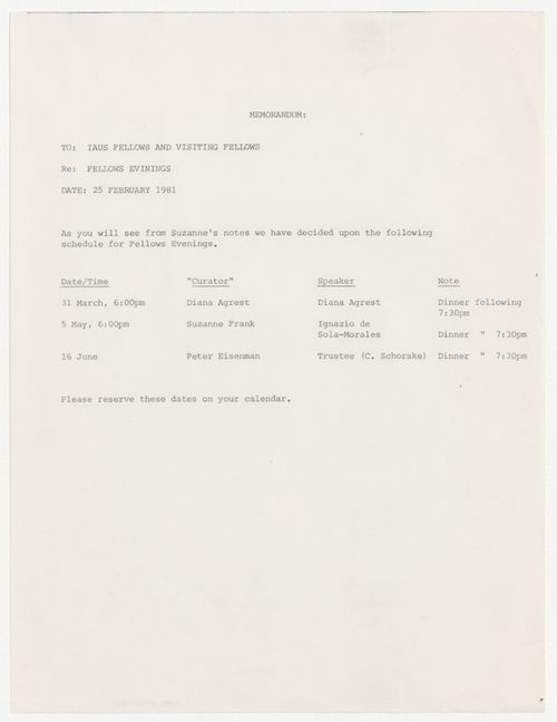 Memorandum to the Fellows and visiting Fellows about schedule for Fellows evening activities