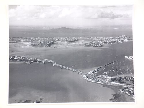 Aerial view of the Auckland Harbour Bridge, over the Waitematā Harbour, Auckland, New Zealand