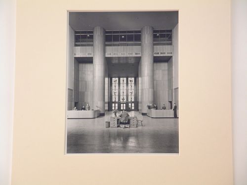 Interior of Brooklyn Library showing lobby reception desks, front door, Brooklyn, New York City, New York
