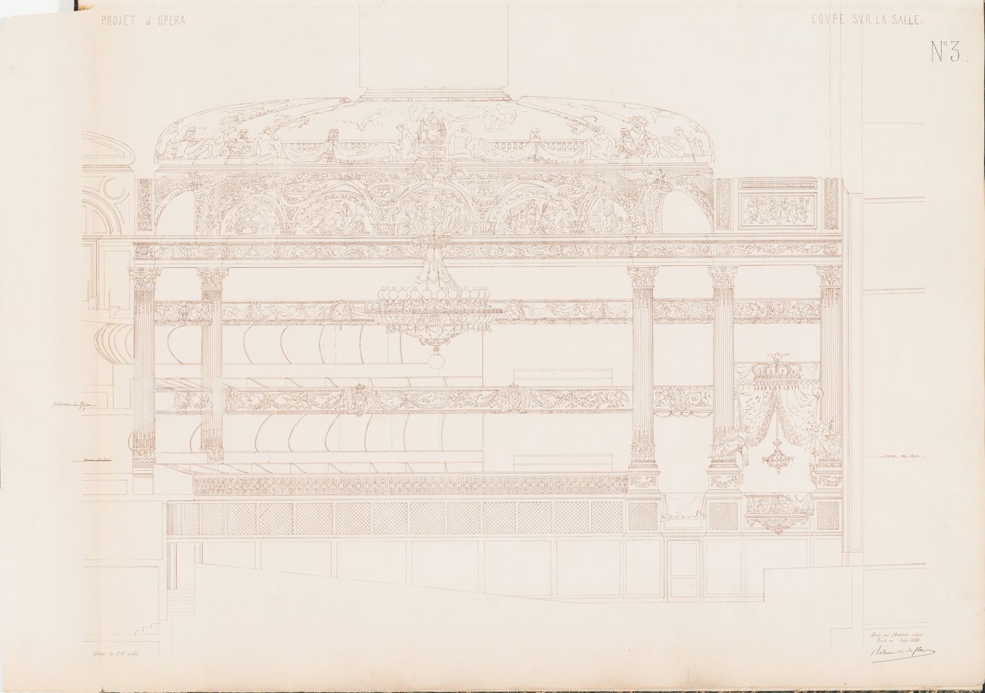 Project through an opera house through the Théâtre impérial de l'opéra: Longitudinal section through the auditorium