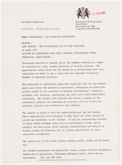 Press release about the seminar "Farm Tourism, the Recreational Use of Farm Buildings", scheduled for 18 March 1977 (from the Westpen project records)