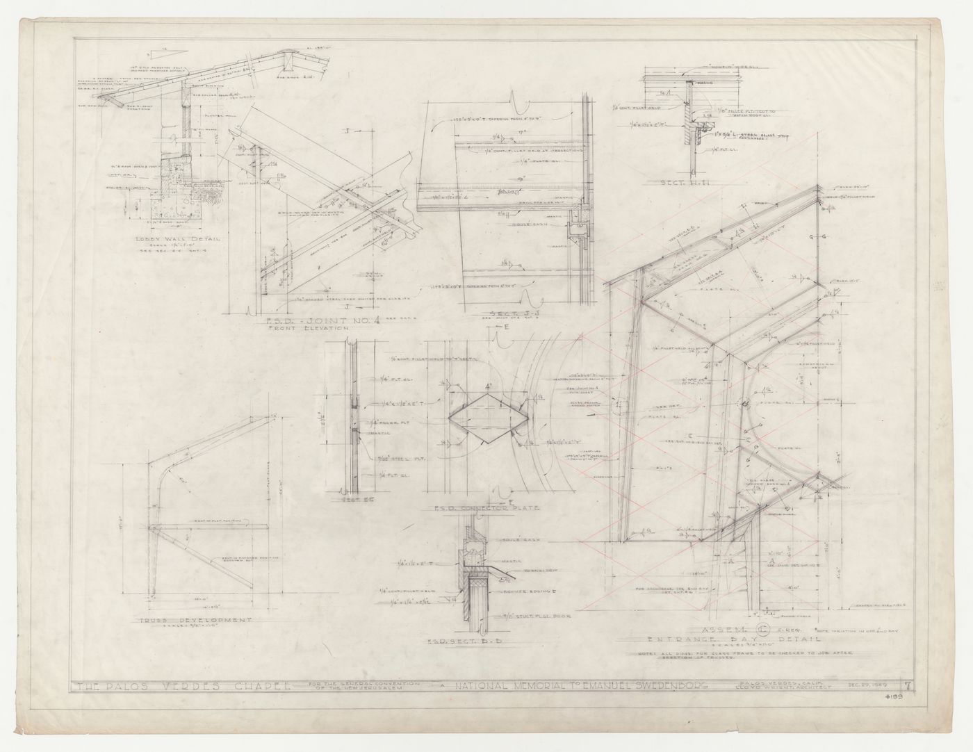 Wayfarers' Chapel, Palos Verdes, California: Half elevation developed on an equilateral parallelogram grid and details for the assembly for the chapel entrance bay, with elevation and plan for the bent trusses and a section detail through the lobby wall