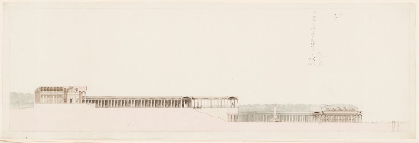 1802 Grand Prix Competition: Plan for a public fair located on the banks of a large river; verso: 1802 Grand Prix Competition: Elevation and sectional elevations for a public fair located on the banks of a large river