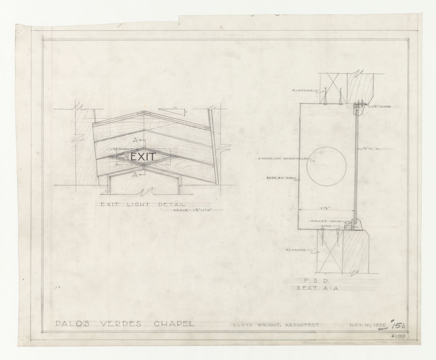 Wayfarers' Chapel, Palos Verdes, California: Elevation and section for the chapel exit light