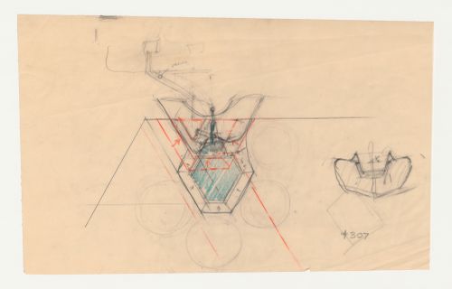 Wayfarers' Chapel, Palos Verdes, California: Sketch plan and sketch section for the baptismal font