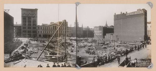View of construction site of the Gimbels store, New York City, New York, United States