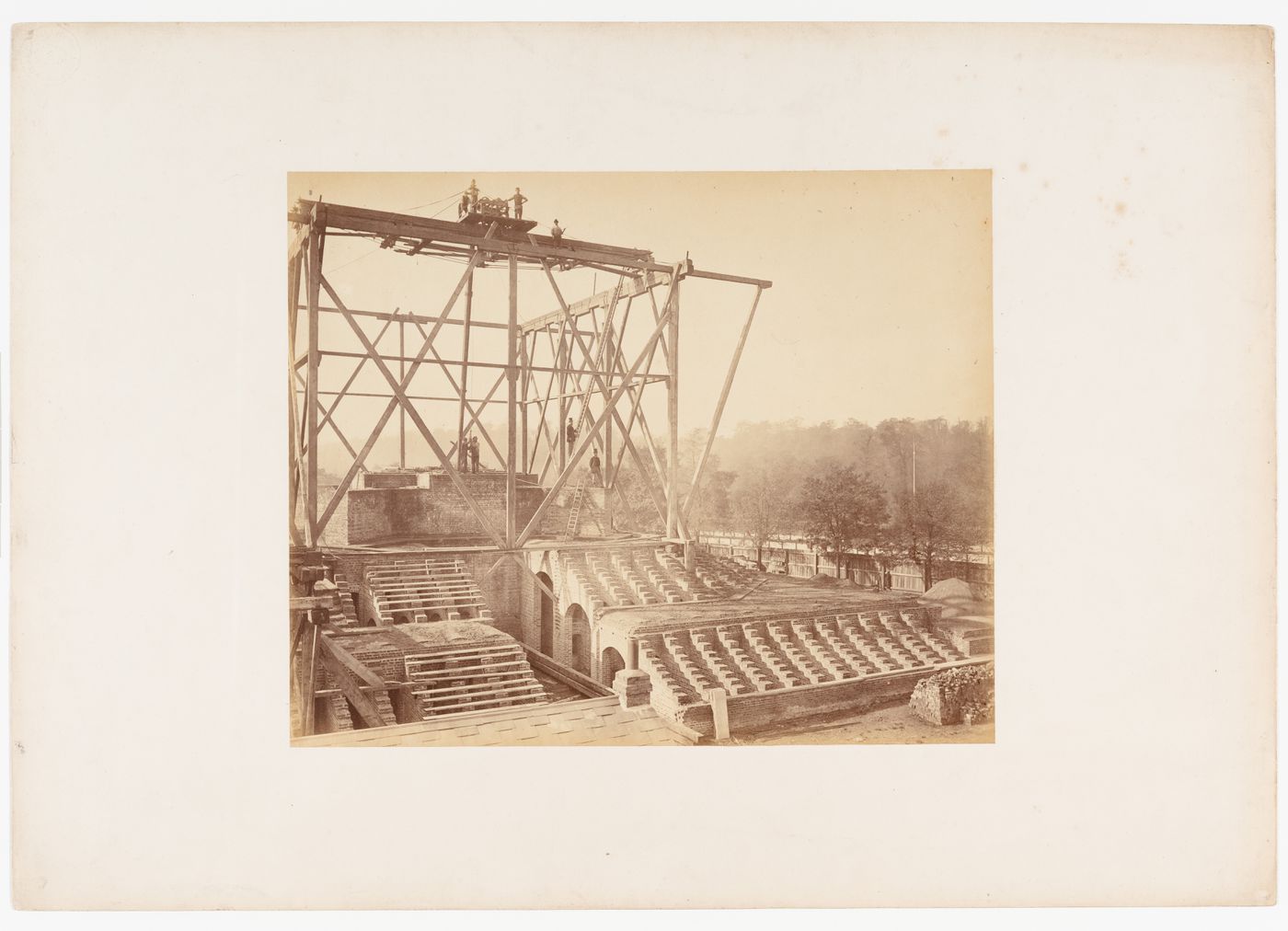 View of the Albert Memorial construction site showing the central podium, stairs, and undercroft, Hyde Park, London, England