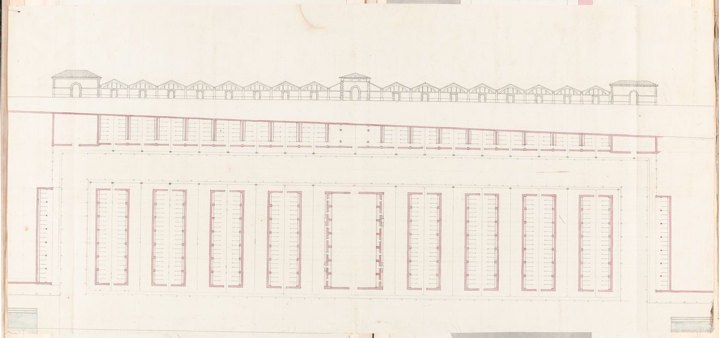 Project for a horse auction house and infirmary, Clos St. Charles, nouveau quartier Poissonnière: Plans and elevation for the horse auction house and a manège