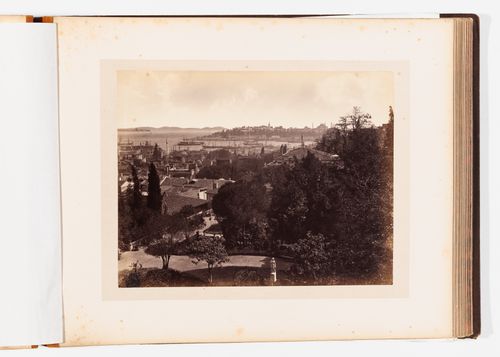 View of Tophane, the Sea of Marmara, the Haliç (also known as the Golden Horn), Topkapi Palace and Hagia Sophia (also now known as Ayasofya Müzesi) with a park in the foreground, Constantinople (now Istanbul), Ottoman Empire (now in Turkey)