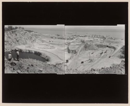 Panoramic composite photograph of the San Rafael Rock Quarry showing pits, trucks, machinery, and a lake with San Francisco Bay in the distance, Point San Pedro, San Rafael, Marin County, California, United States