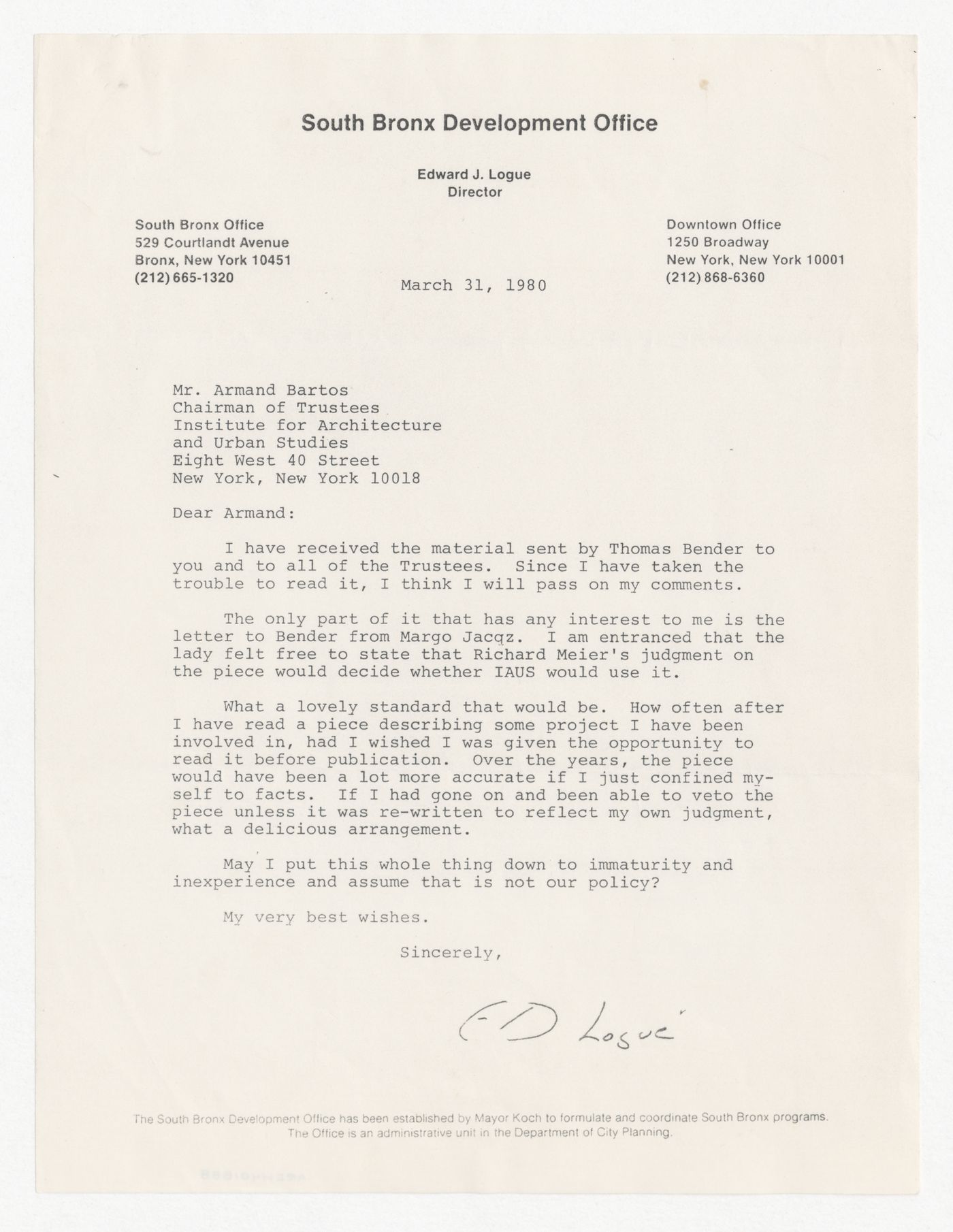 Letter from Edward J. Logue to Armand Bartos about the retraction of an article by Thomas Bender from Skyline