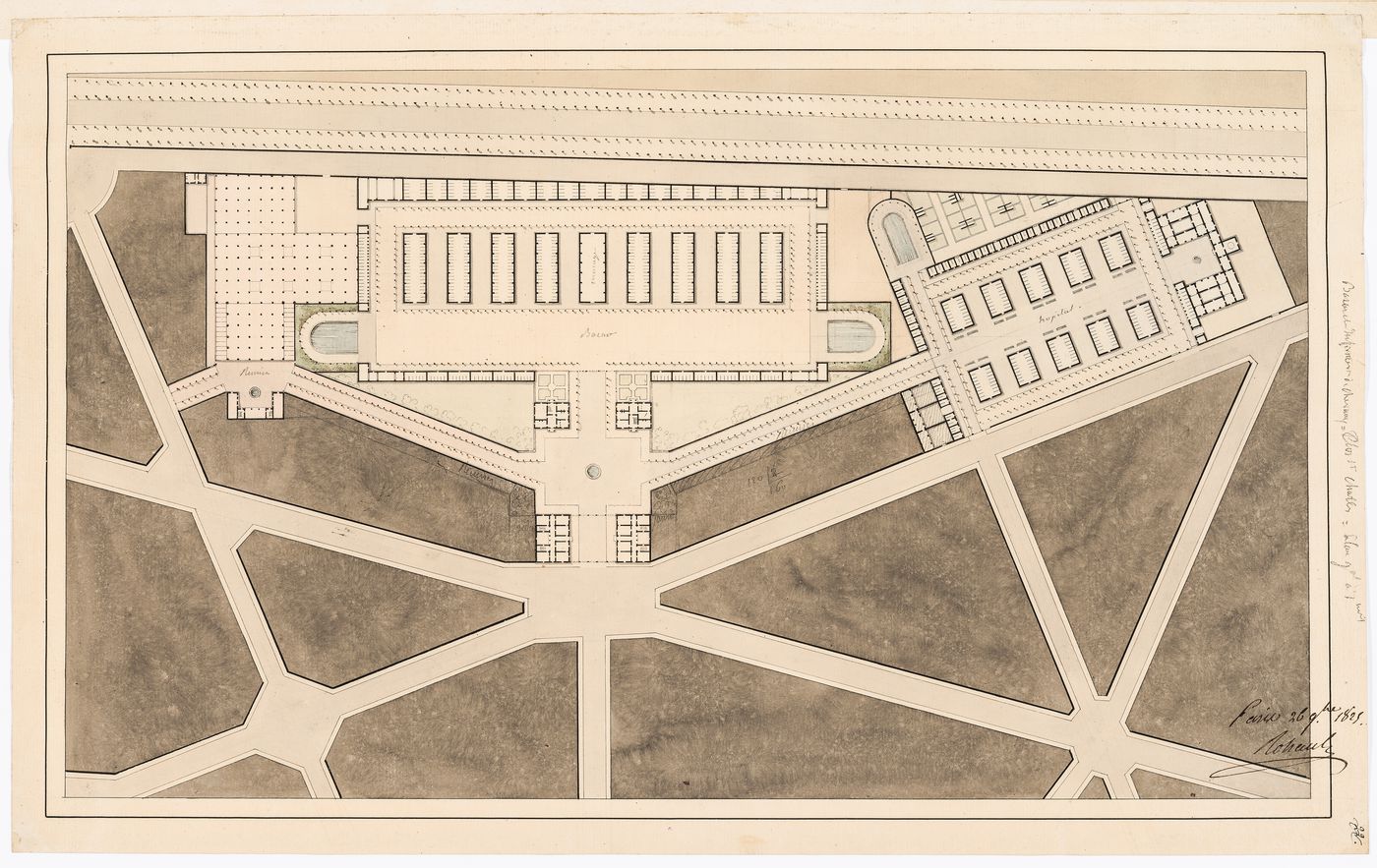 Project for a horse auction house and infirmary, Clos St. Charles, nouveau quartier Poissonnière: Site plan showing the ground floor