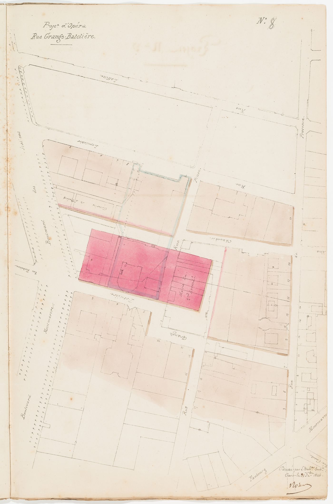 Project no. 8: Site plan for an opera house for the Académie royale de musique, rue Grange-Batelière; verso: Project no. 9: Site analysis and cost estimate for an opera house for the Académie royale de musique, place Louvois