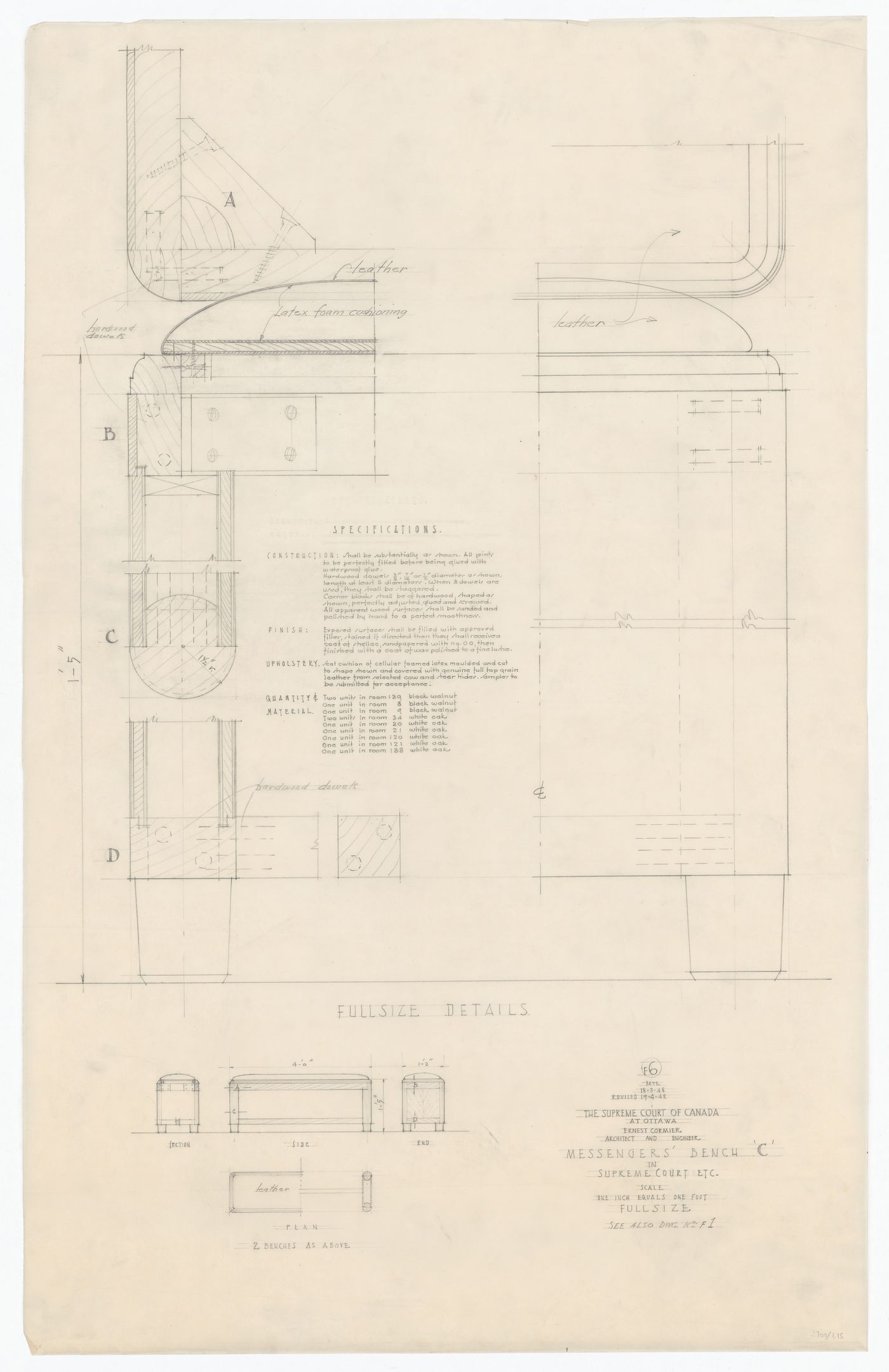 Plan, élévations, coupe et détails du banc de messagers "C" pour Cour suprême du Canada, Ottawa, Ontario