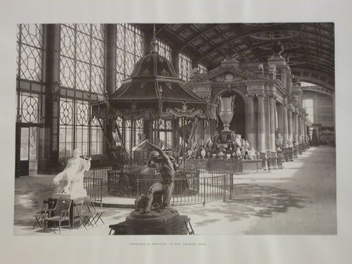 Interior view of the Vestibule D'Honneur showing the Crown Diamonds in a showcase, Sèvres Porcelain vases, statues and a temporary structure, Paris Universal Exposition of 1878, France