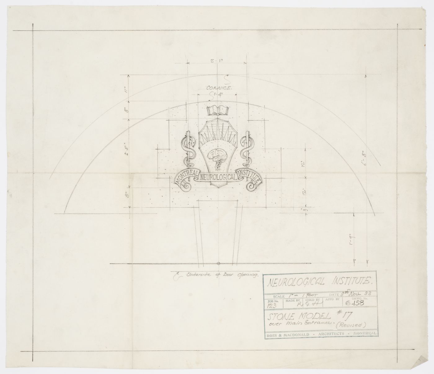 Montréal Neurological Institute, Montréal, Québec: drawing for stone model over main entrance