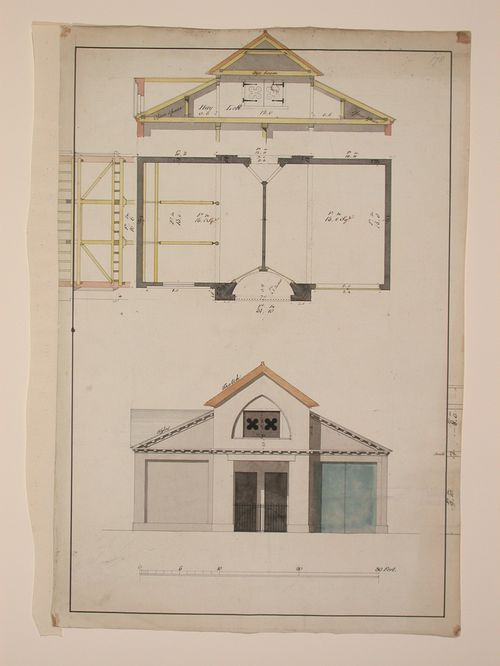 Designs for a thatched barn - elevation, plan and section