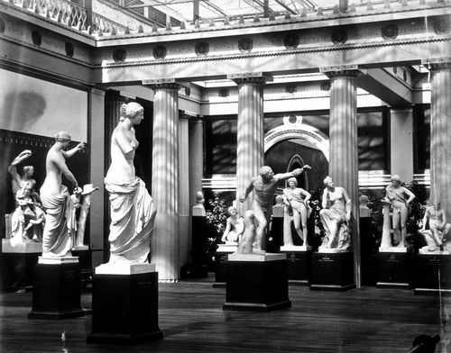 View of Greek Court showing Laocoon, Venus de Milo, Gladiator and Ariadne sculptures, Crystal Palace, London, England
