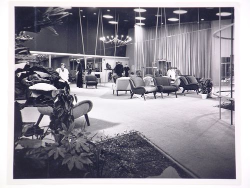 Interior view of Ohrbach's store with mannequins wearing fur coats and wraps, Prudential Square, Los Angeles, California, United States