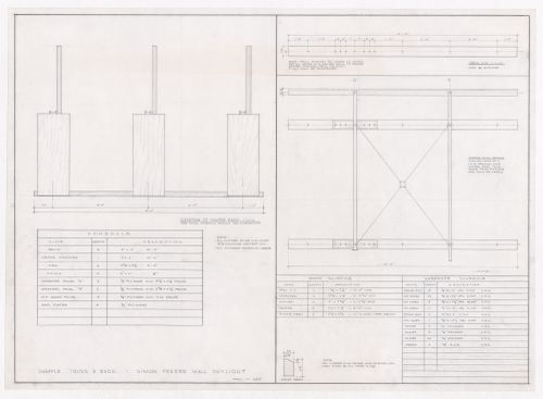 Mall skylight schedules, truss and rack elevation and section for Simon Fraser University, Burnaby, British Columbia