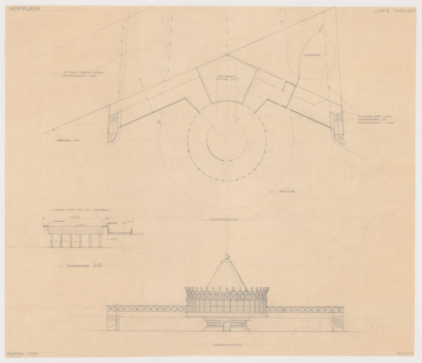 Plan, section and elevation for a model for Café Viaduct for the reconstruction of the Hofplein (city centre), Rotterdam, Netherlands