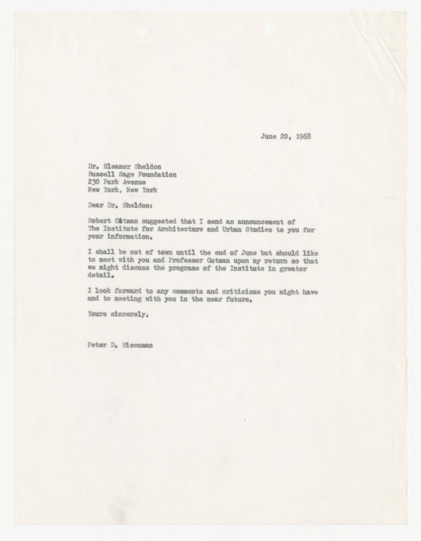 Letter from Eleanor Bernert Sheldon to Peter D. Eisenman with attached letter from Eisenman to Sheldon about IAUS programs announcement