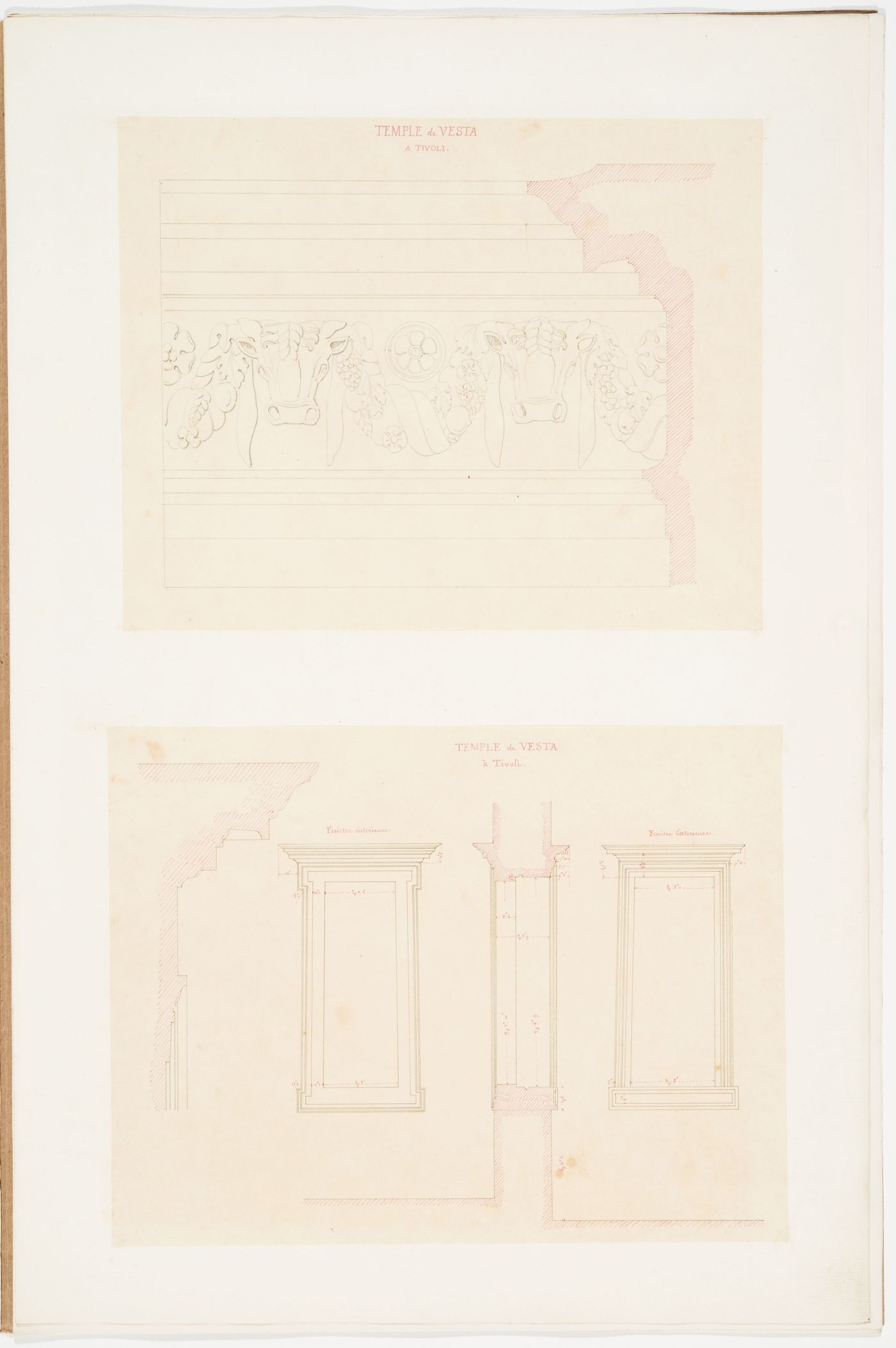 Elevation and profile of a frieze showing bucrania and festoons from the Temple of the Sibyl, Tivoli; Two elevations, sections, and profiles of the interior and exterior window from the Temple of the Sibyl, Tivoli