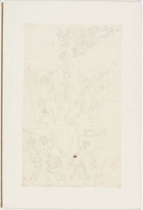 Four drawings of putti holding instruments related to martyrdom, and one winged female figure holding branches, probably a Victory