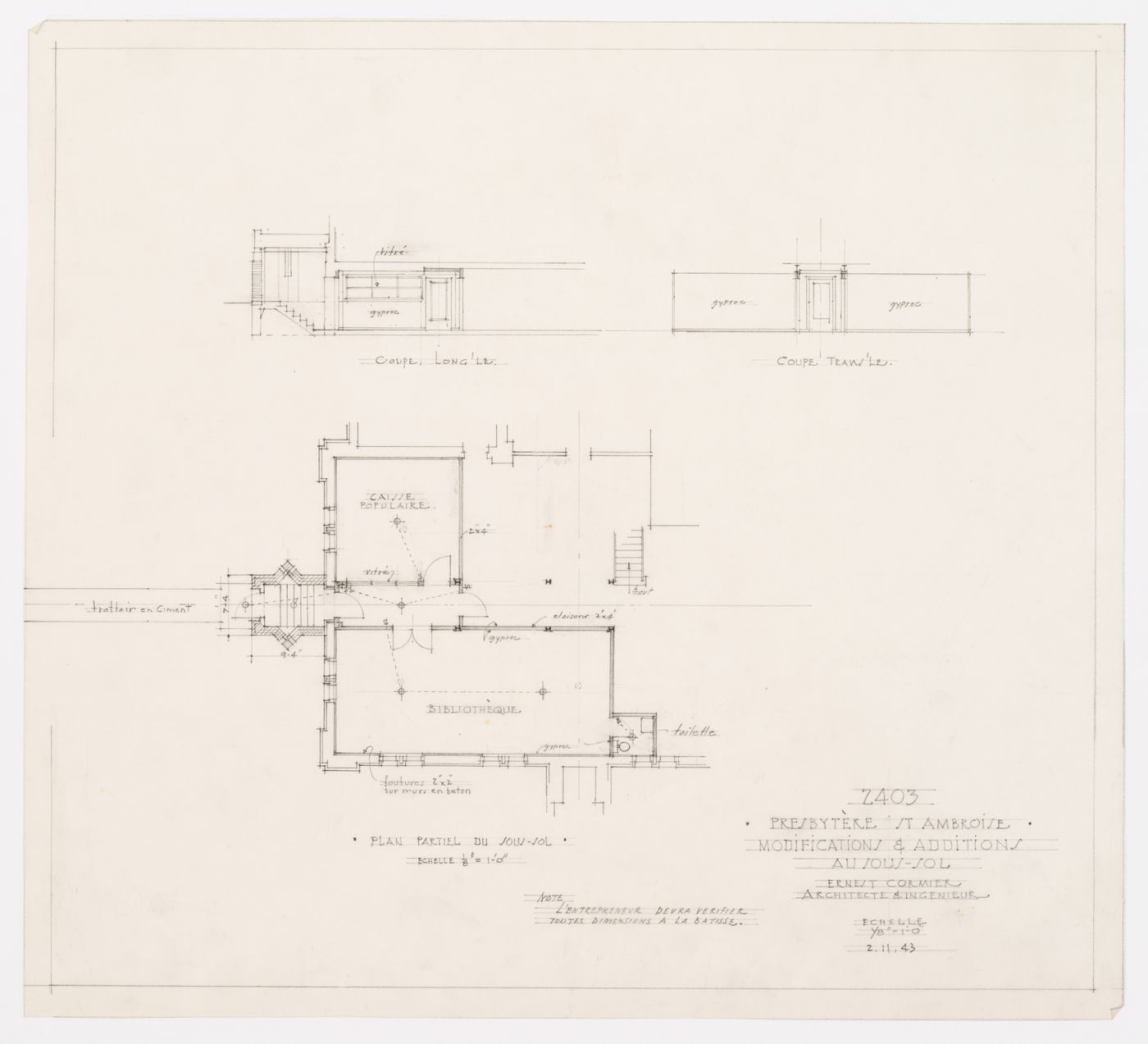Plan des changements du sous-sol, Presbytère Saint-Ambroise, Montréal, Canada (1926-1929)