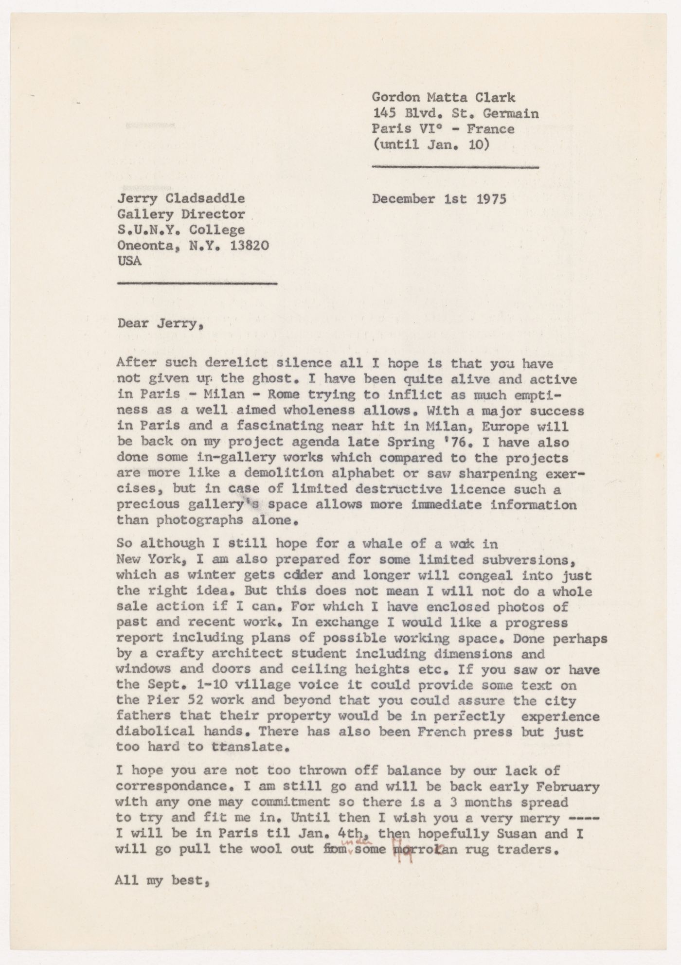 Letter from Gordon Matta-Clark to Jerry Clapsaddle