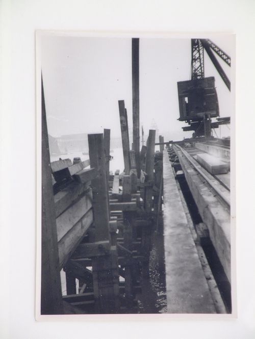View of construction of a dock, from dock platform