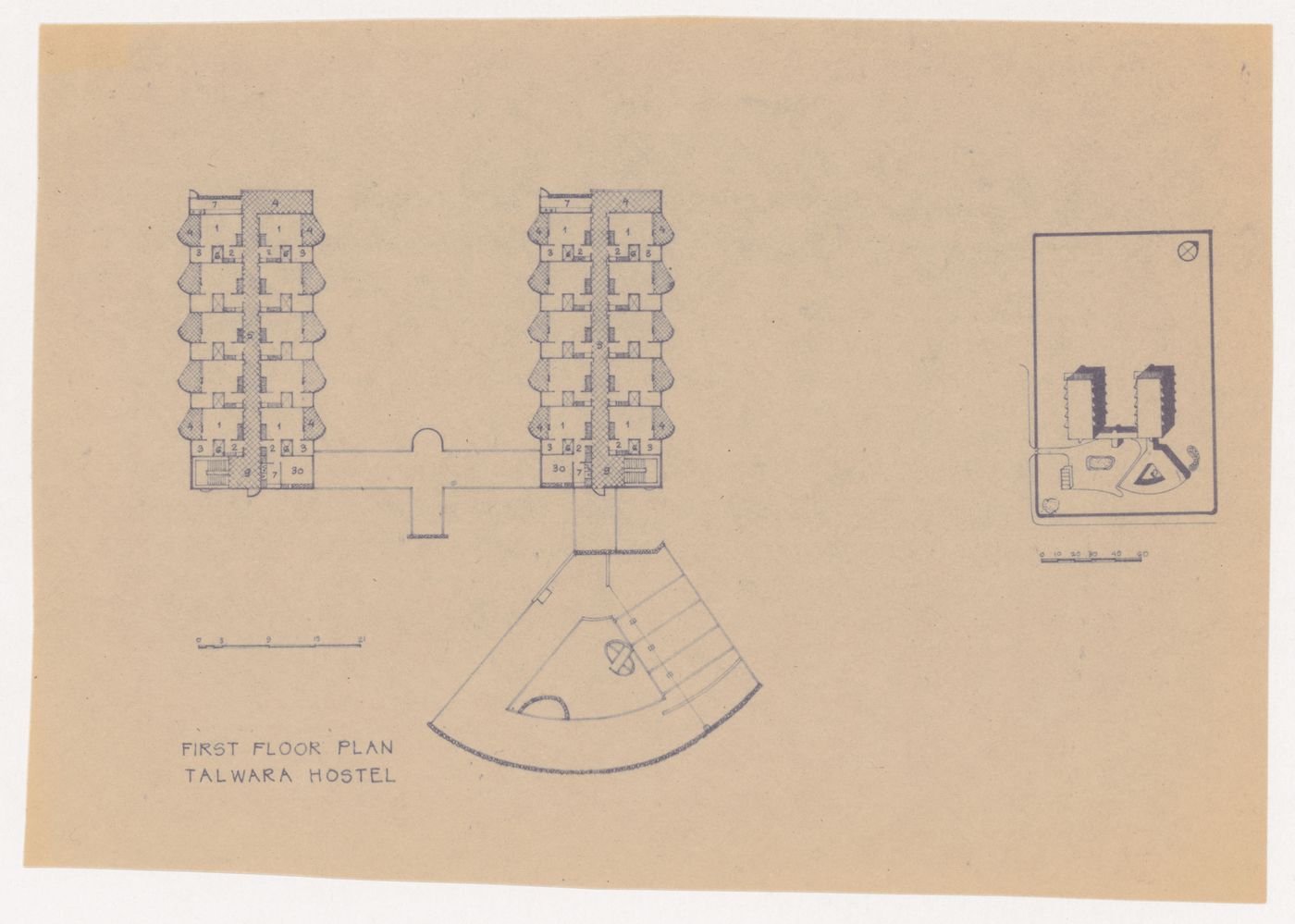 First floor plan with thumbnail site plan for Talwara hostel, Talwara, India