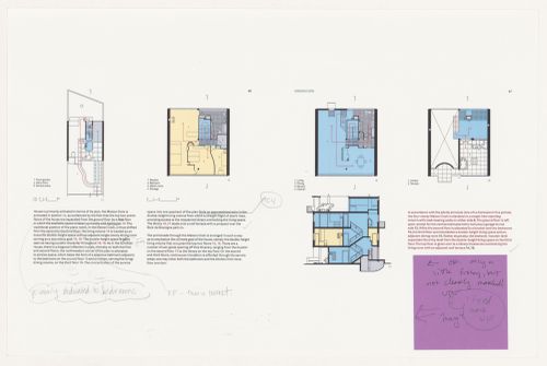 Draft of print layout with notes for "A Genealogy of Modern Architecture"