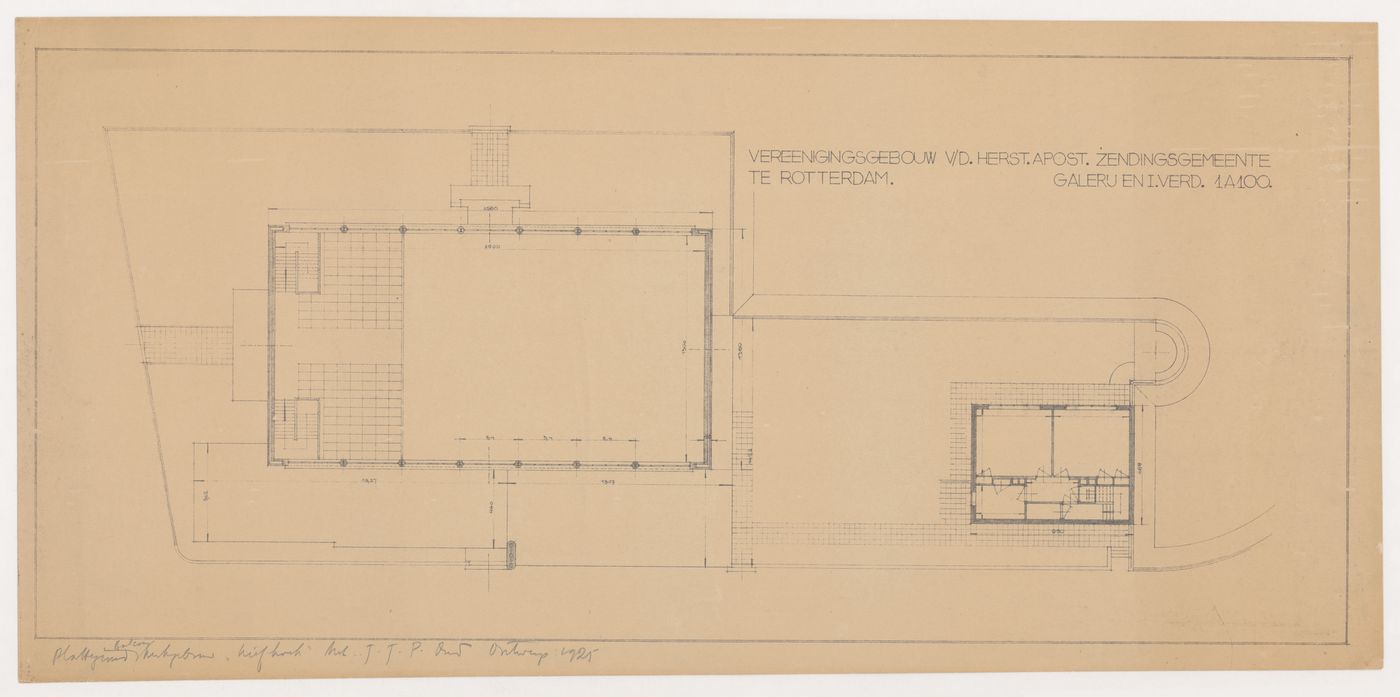First floor and gallery plan for the church for Kiefhoek Housing Estate, Rotterdam, Netherlands